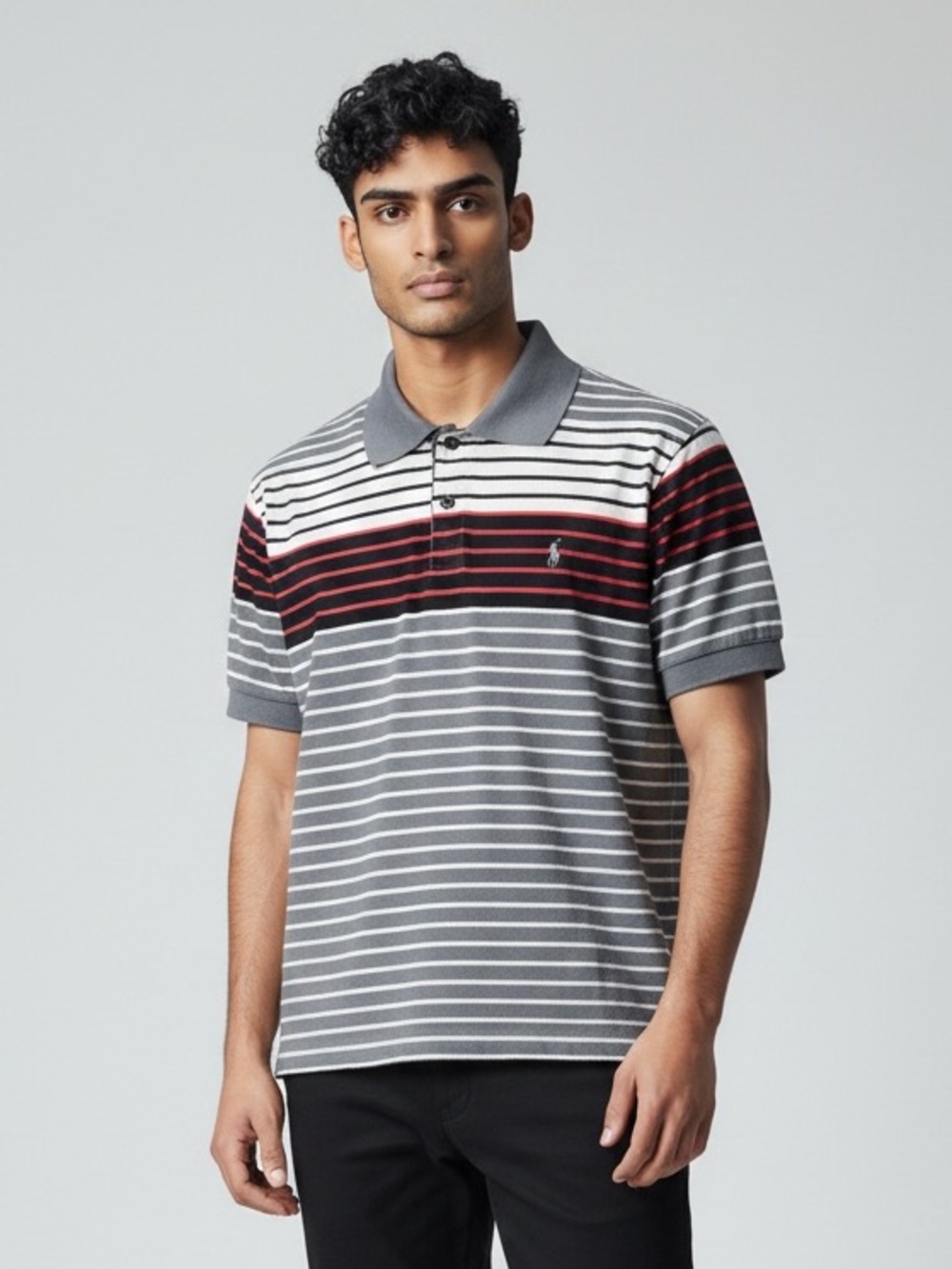 Polo by Ralph Lauren Men's Striped Polo in Gray, White & Red